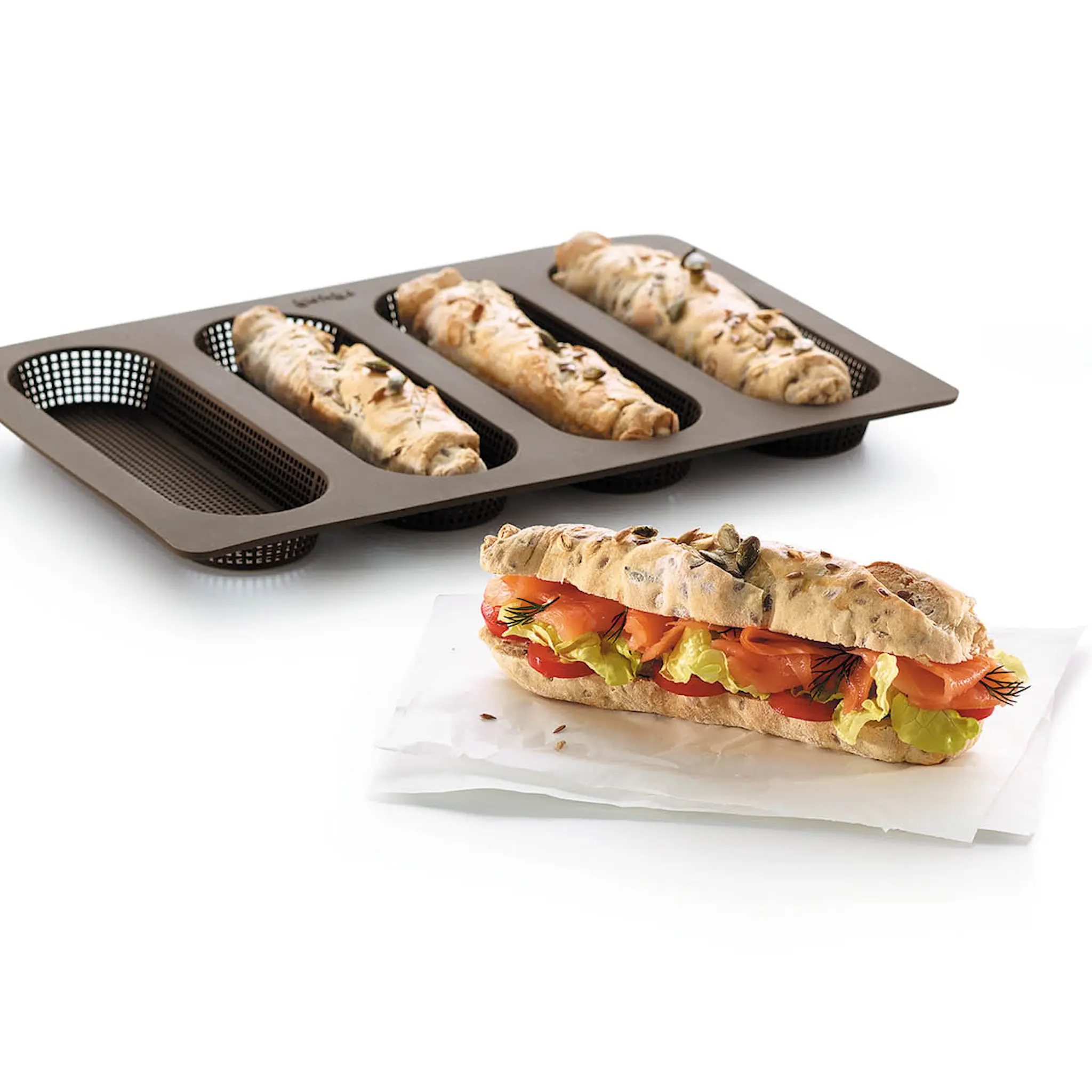 Lékué Silikonform för mini baguette 4 hål brun