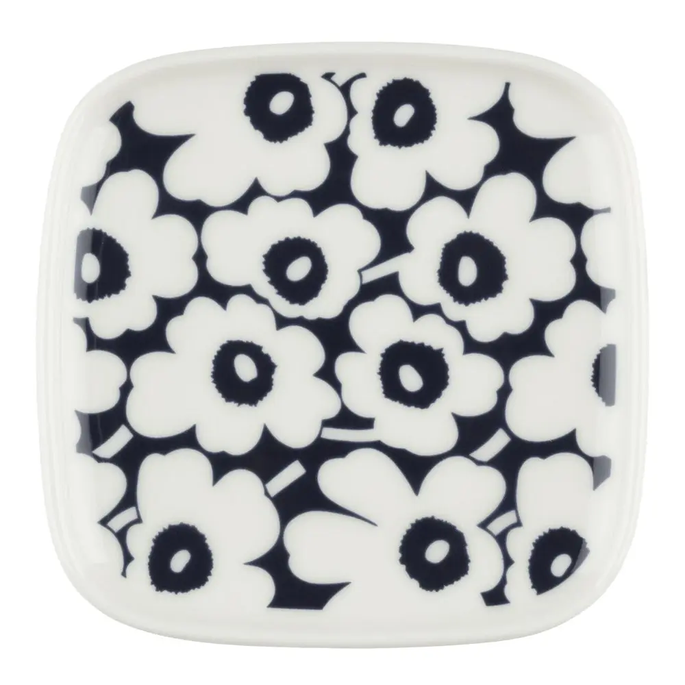 Pikkuinen unikko asjett 10x10 cm firkantet mørkblå/hvit
