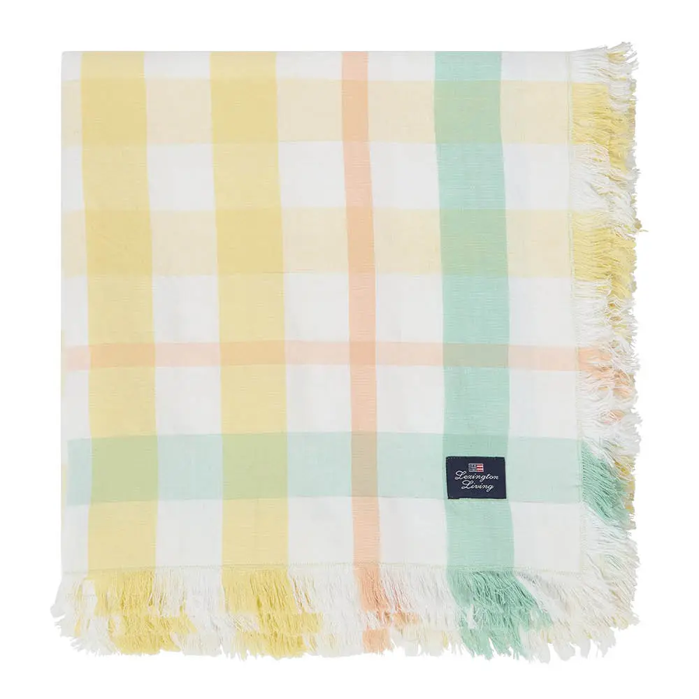 Duk lin/bomull 150x350 cm gul/hvit/grønn rutete