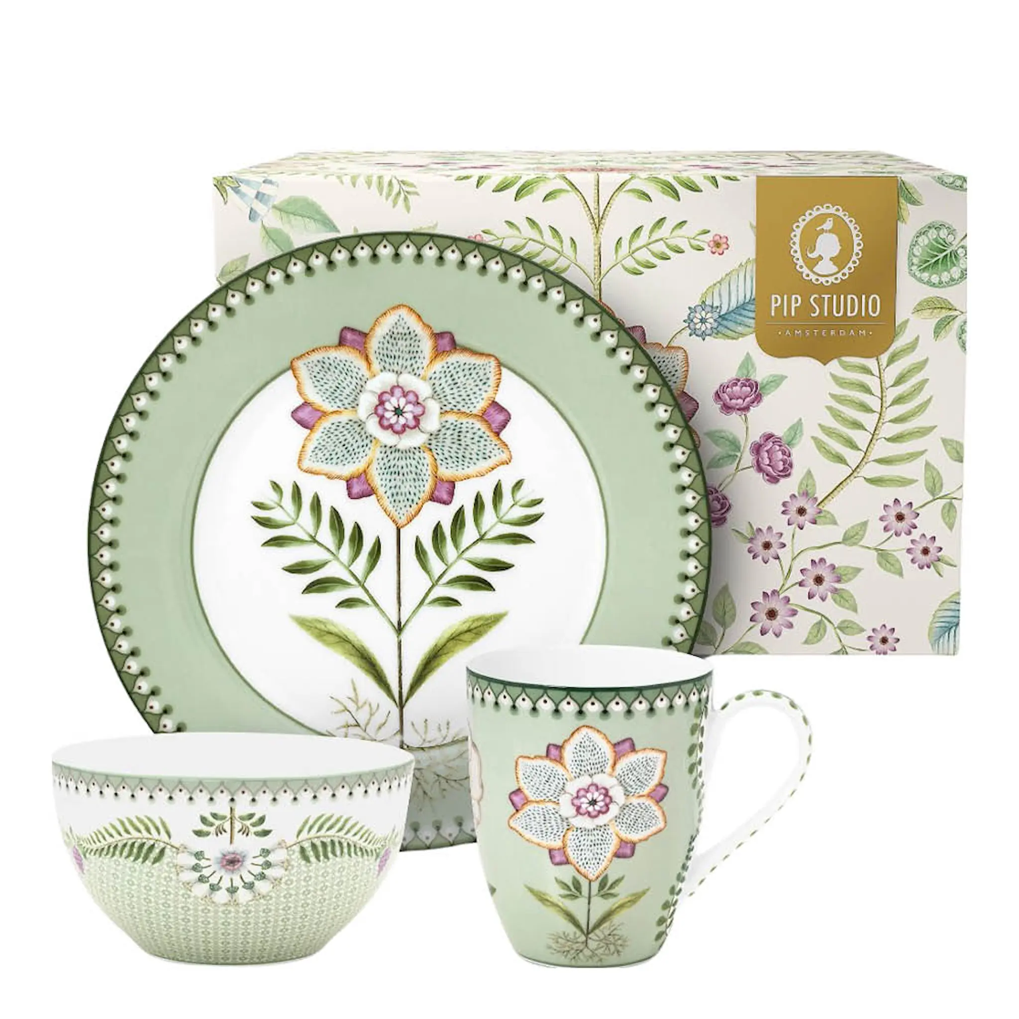 Pip Studio Lily & Lotus frukostset 3 delar ljusgrönt
