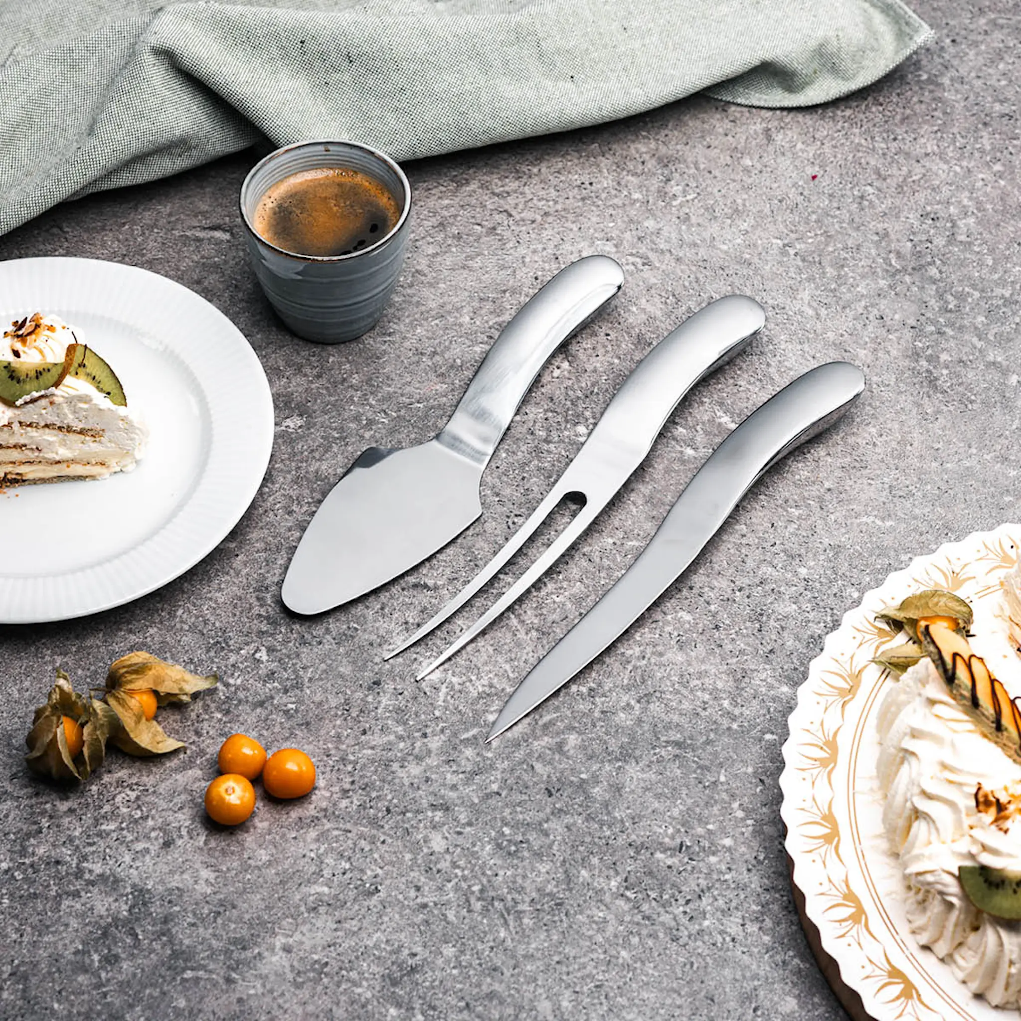 Haws Santo sett m/kakespade, kniv og gaffel stål hover