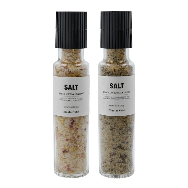 Presentask salt vitt vin och schalottenlök + salt rosmarin och oliver