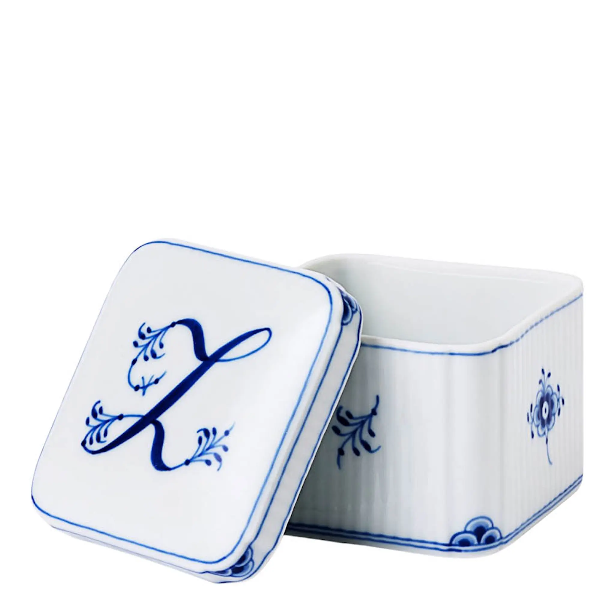 Royal Copenhagen Alphabet Collection firkantet bonbonniere Z 13 cl blå/hvit