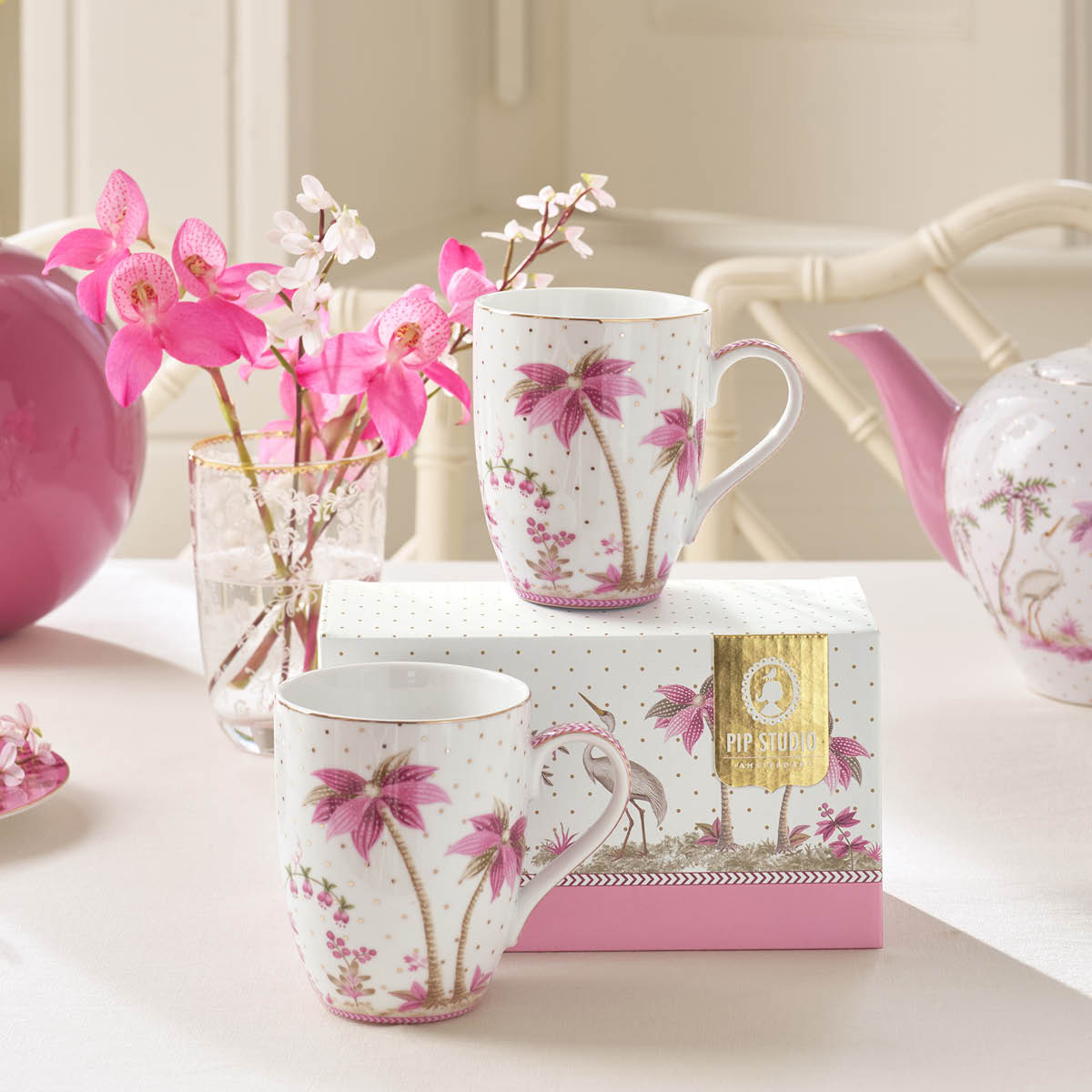 Pip Studio Jolie Dots stor mugg 36,5 cl 2-pack guld/rosa