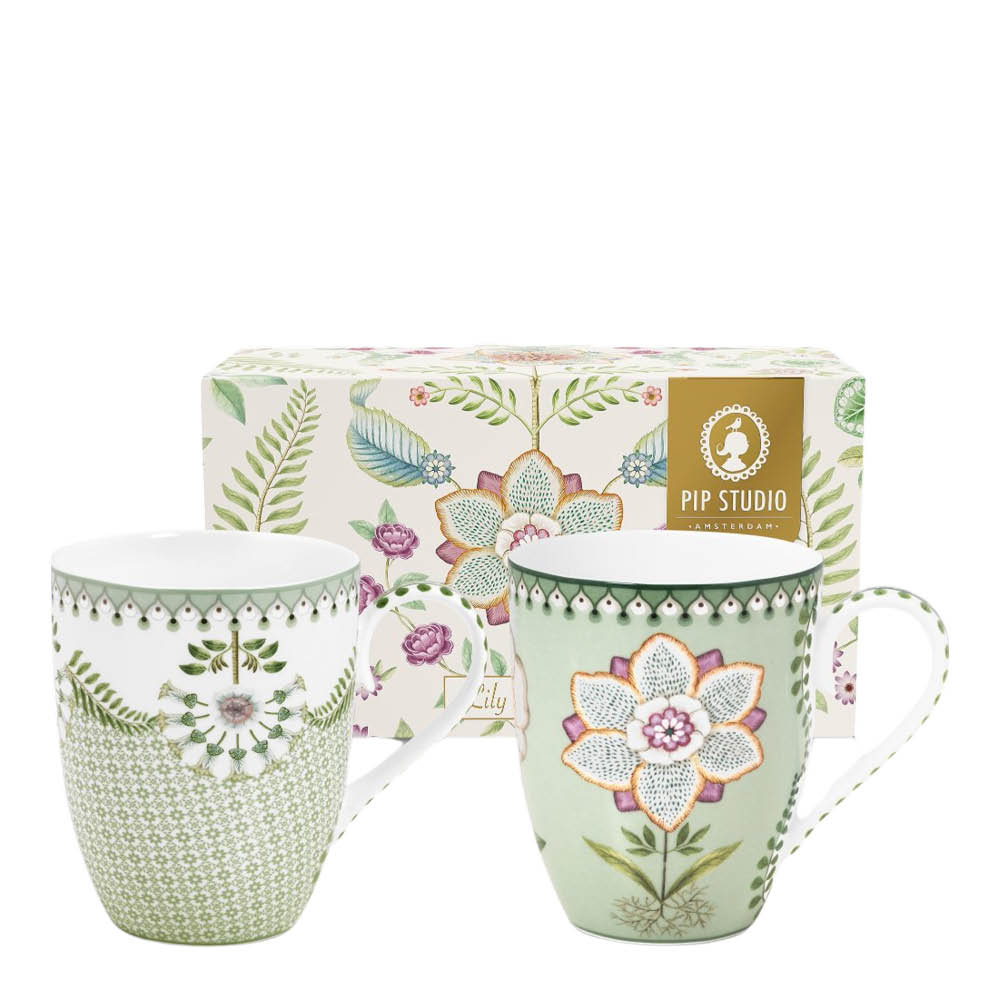 Pip Studio Lilly & Lotus stor mugg 36,5 cl 2-pack ljusgrön
