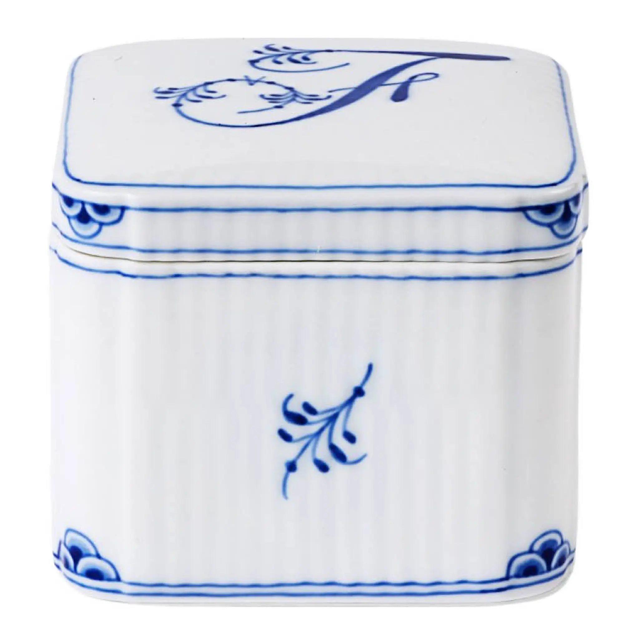 Royal Copenhagen Alphabet Collection firkantet bonbonniere F 13 cl blå/hvit