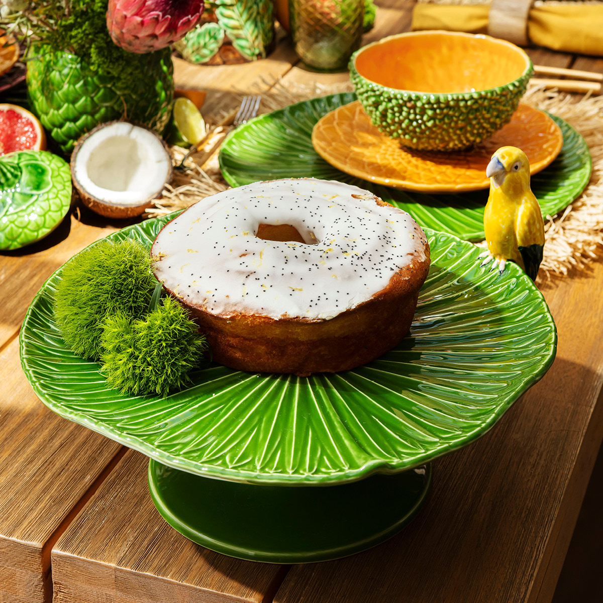 Bordallo Pinheiro Amazónia kakefat 34 cm med papegøye grønn/gul