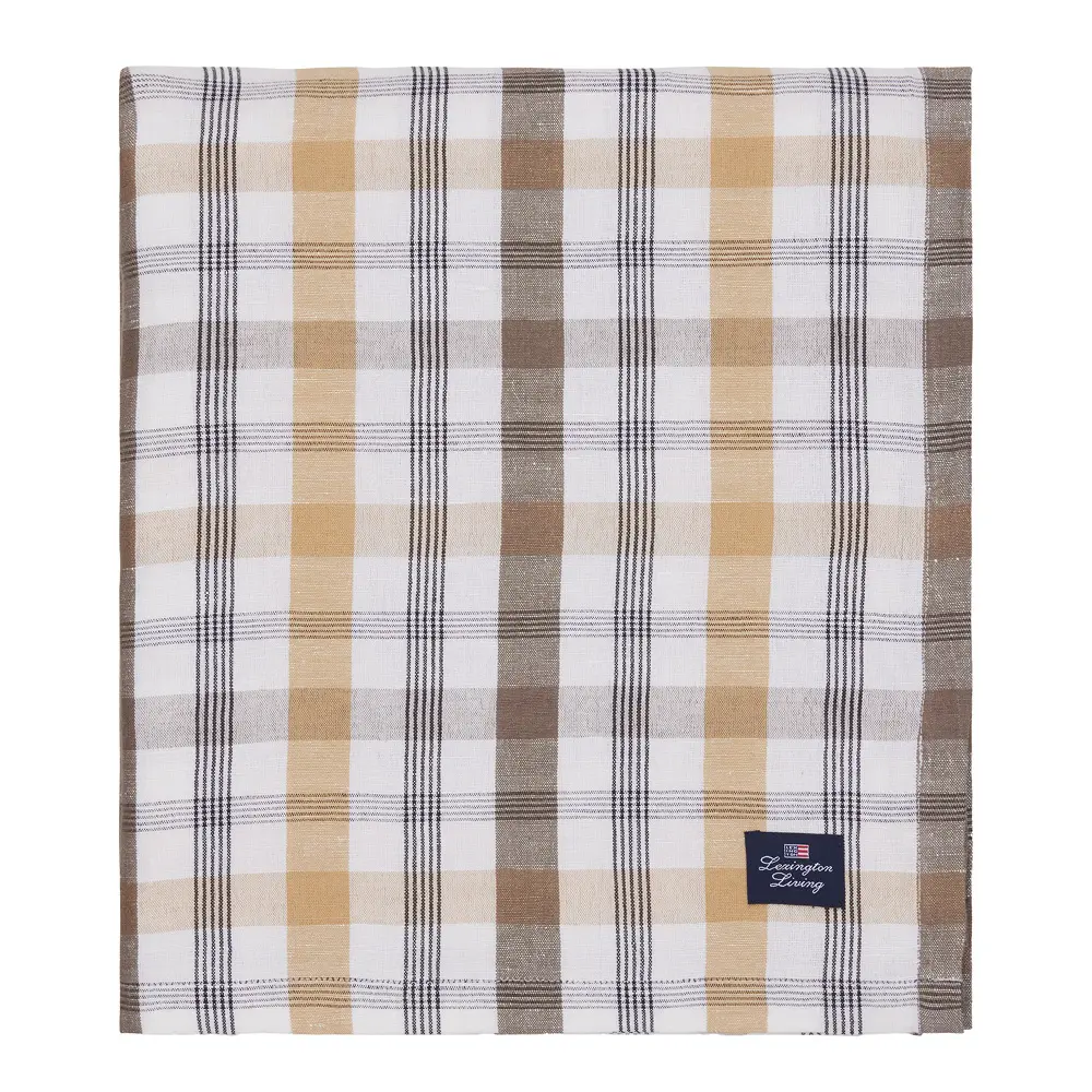 Ruudullinen pellava/puuvillaliina 150x350 cm oliivi/valkoinen/beige