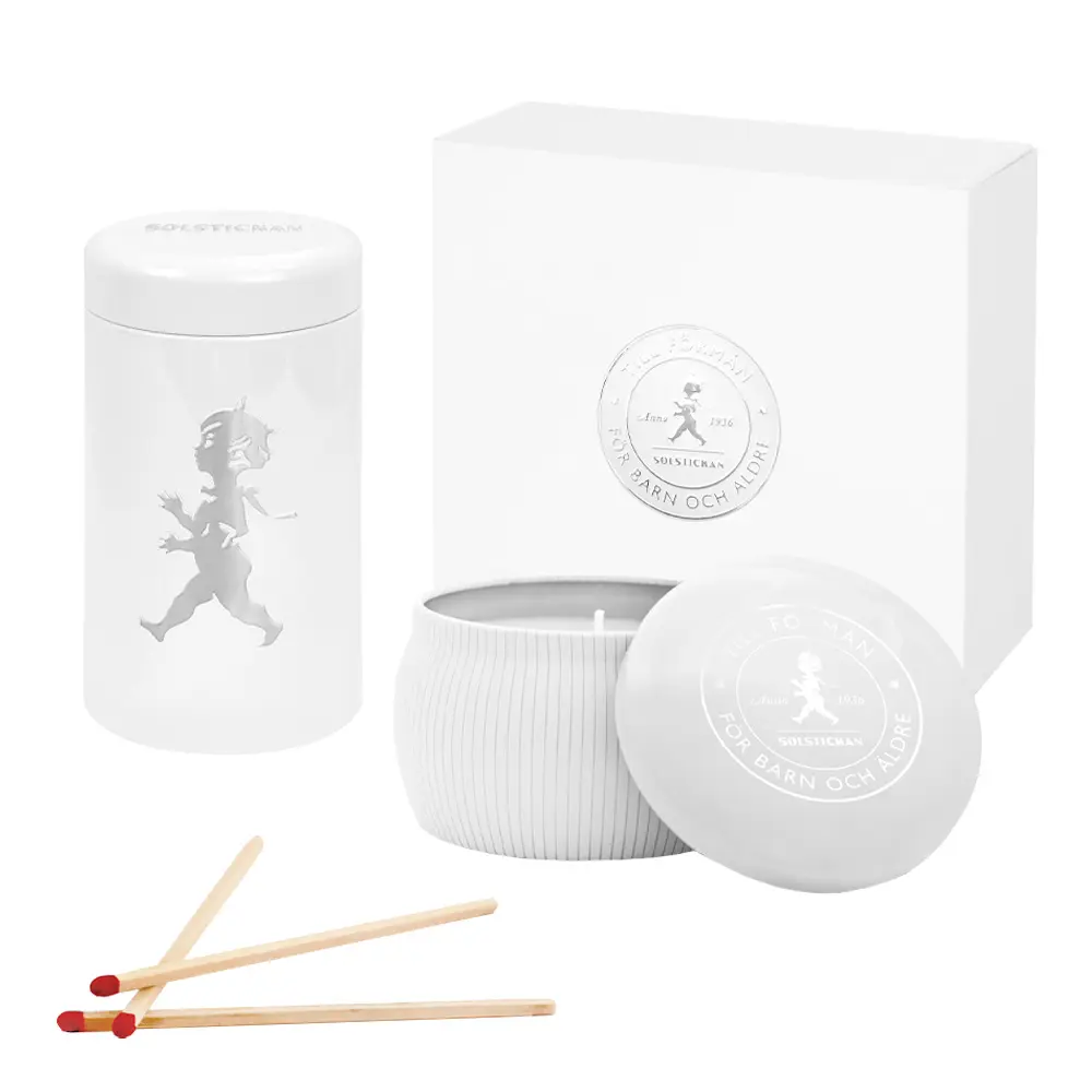 Lahjapakkaus: Tuoksukynttilä + Tulitikut Valkoinen