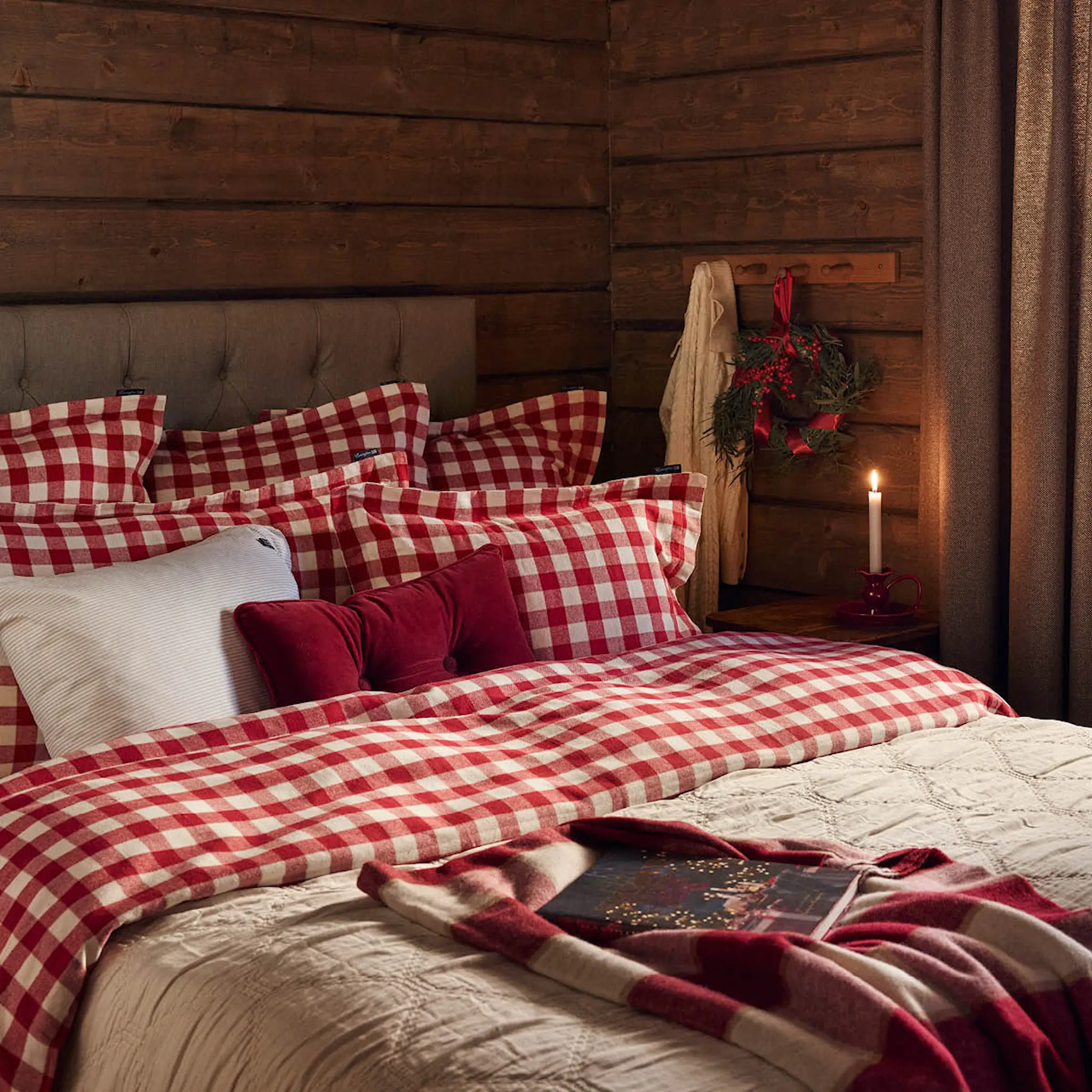 Lexington Påslakanset flanell 220x220 cm rutig röd/ljusbeige