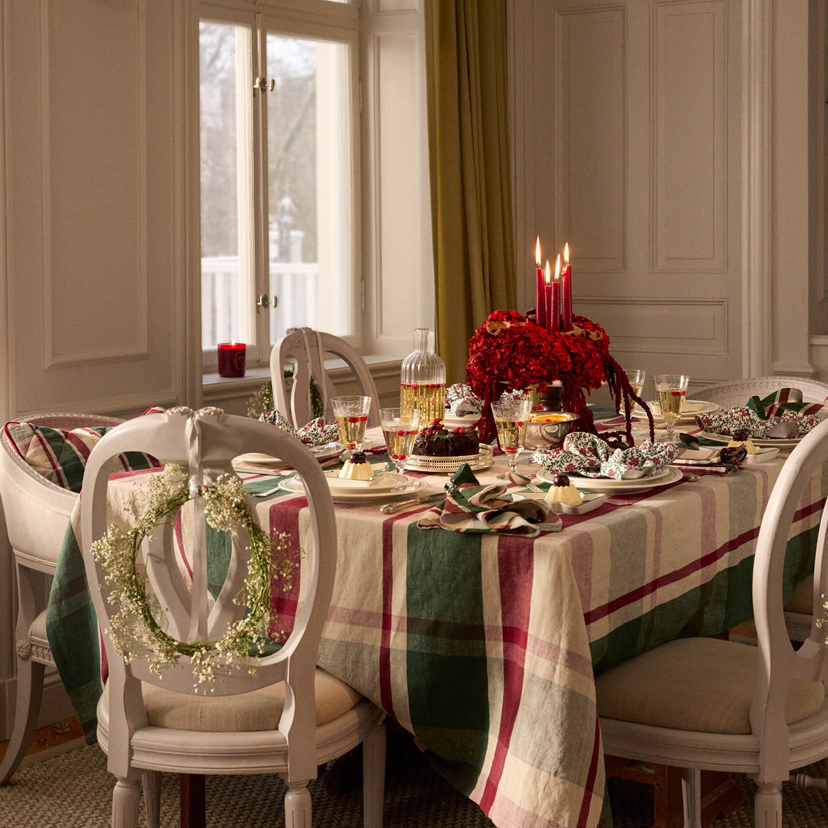 Lexington Duk linne/bomull 150x350 cm rutigt grön/röd/beige