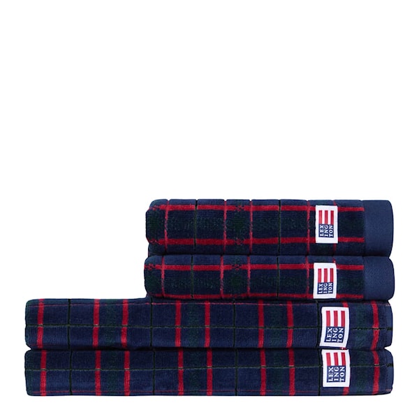 Handduk velour set 4 delar rutig marinblå/grön/vinröd