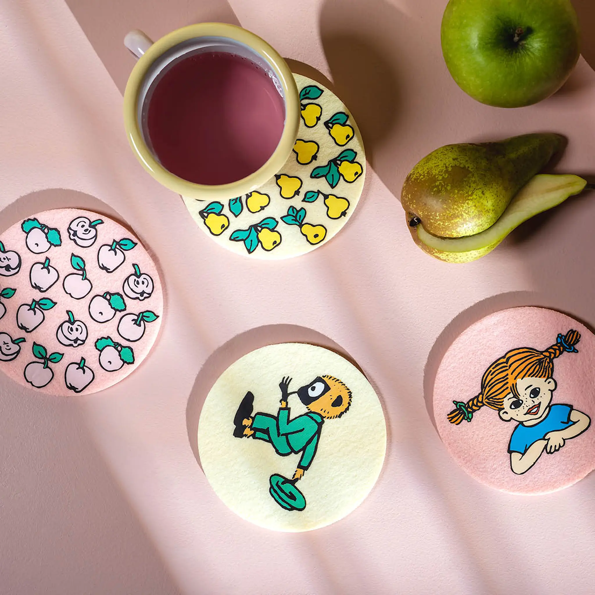 Muurla Pippi glasunderlägg Frukter 4-pack rosa/gul