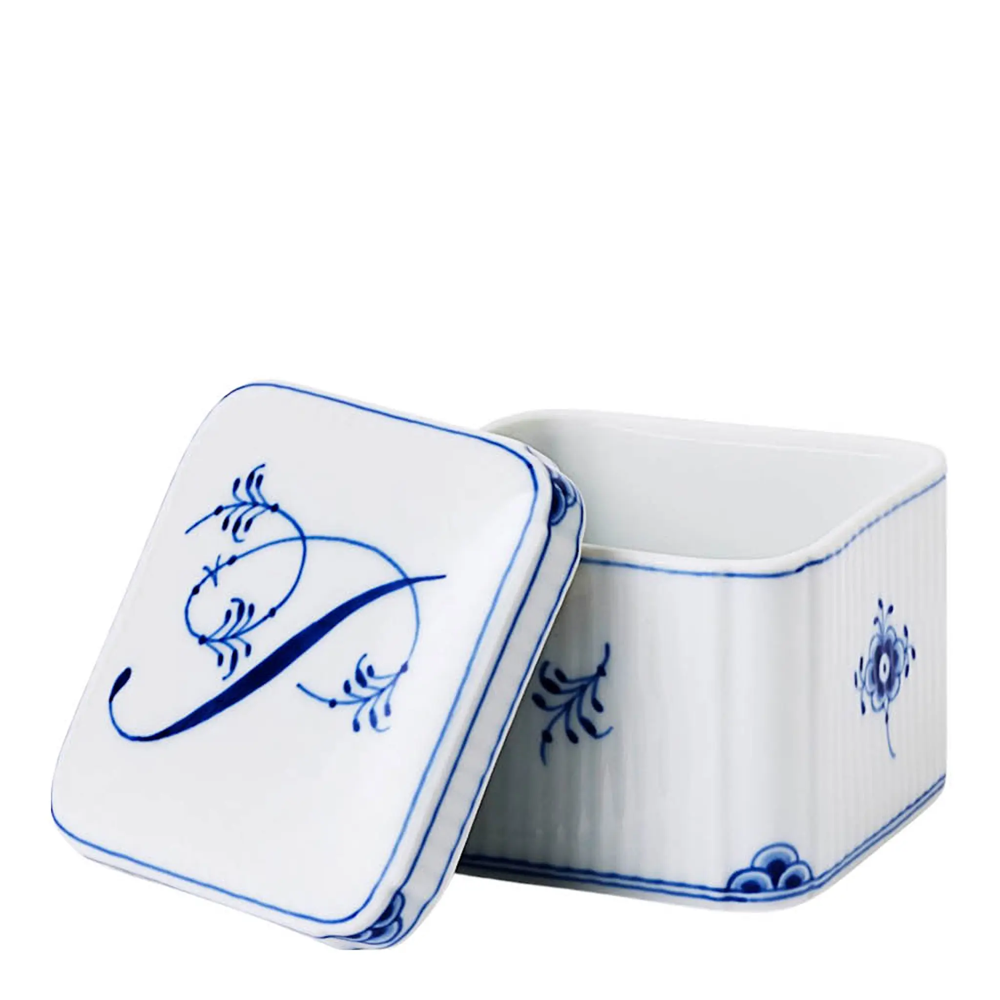 Royal Copenhagen Alphabet Collection firkantet bonbonniere P 13 cl blå/hvit