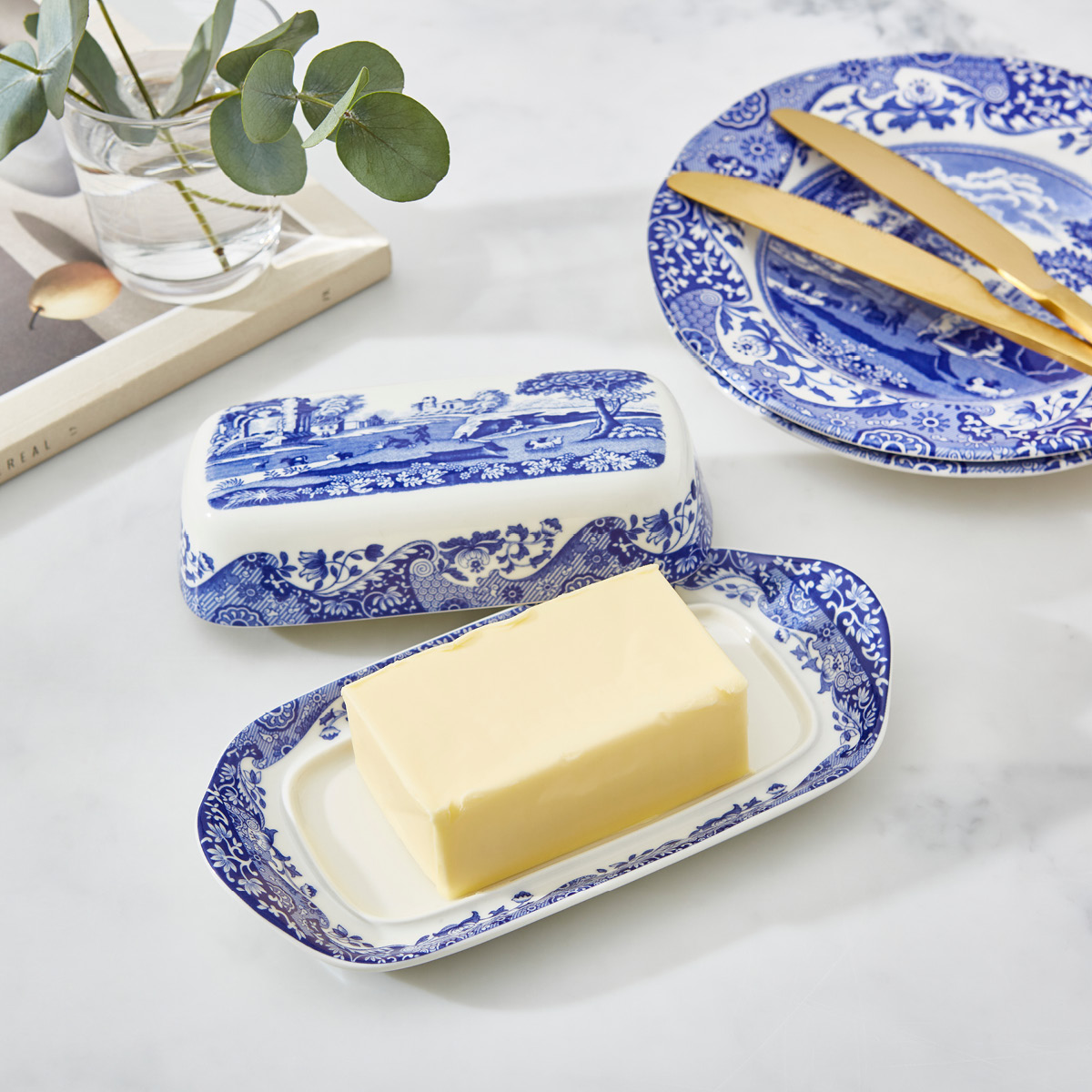 Spode Blue Italian smørboks blå/hvit