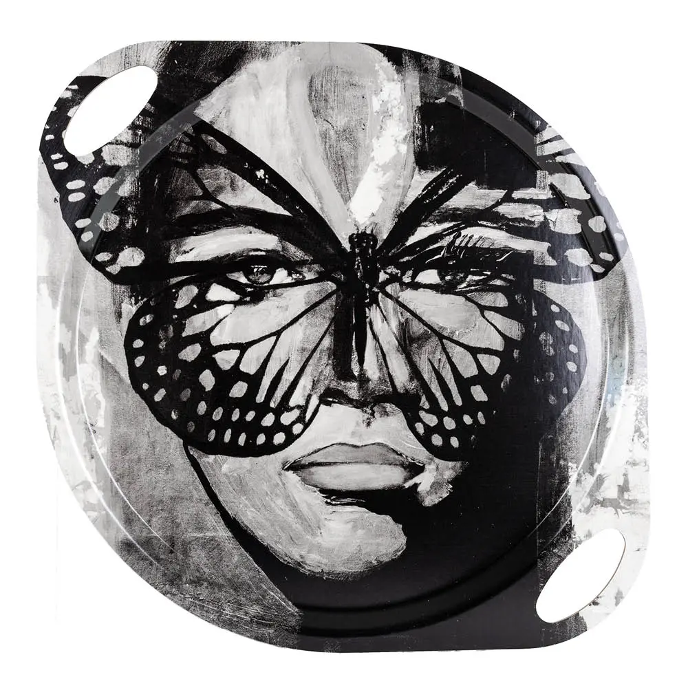 Golden Butterfly Tarjotin kahvoilla 38 cm Mustavalkoinen