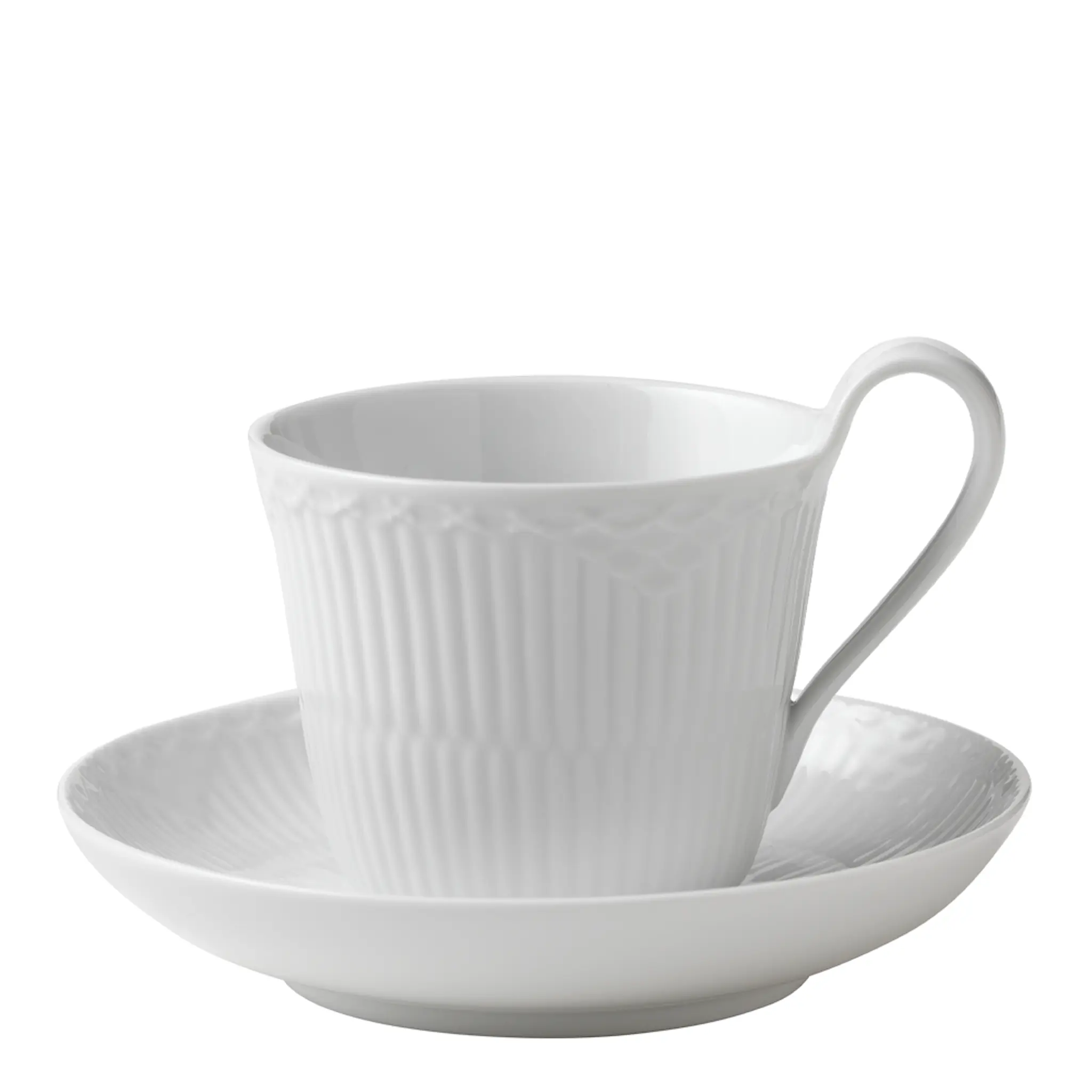Royal Copenhagen White Fluted Half Lace kopp med högt handtag 24 cl + fat