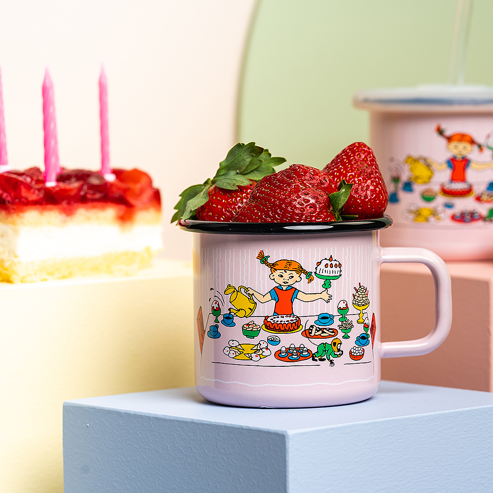 Muurla Pippi Långstrump Emaljmugg Födelsedagsfest 37 cl Rosa