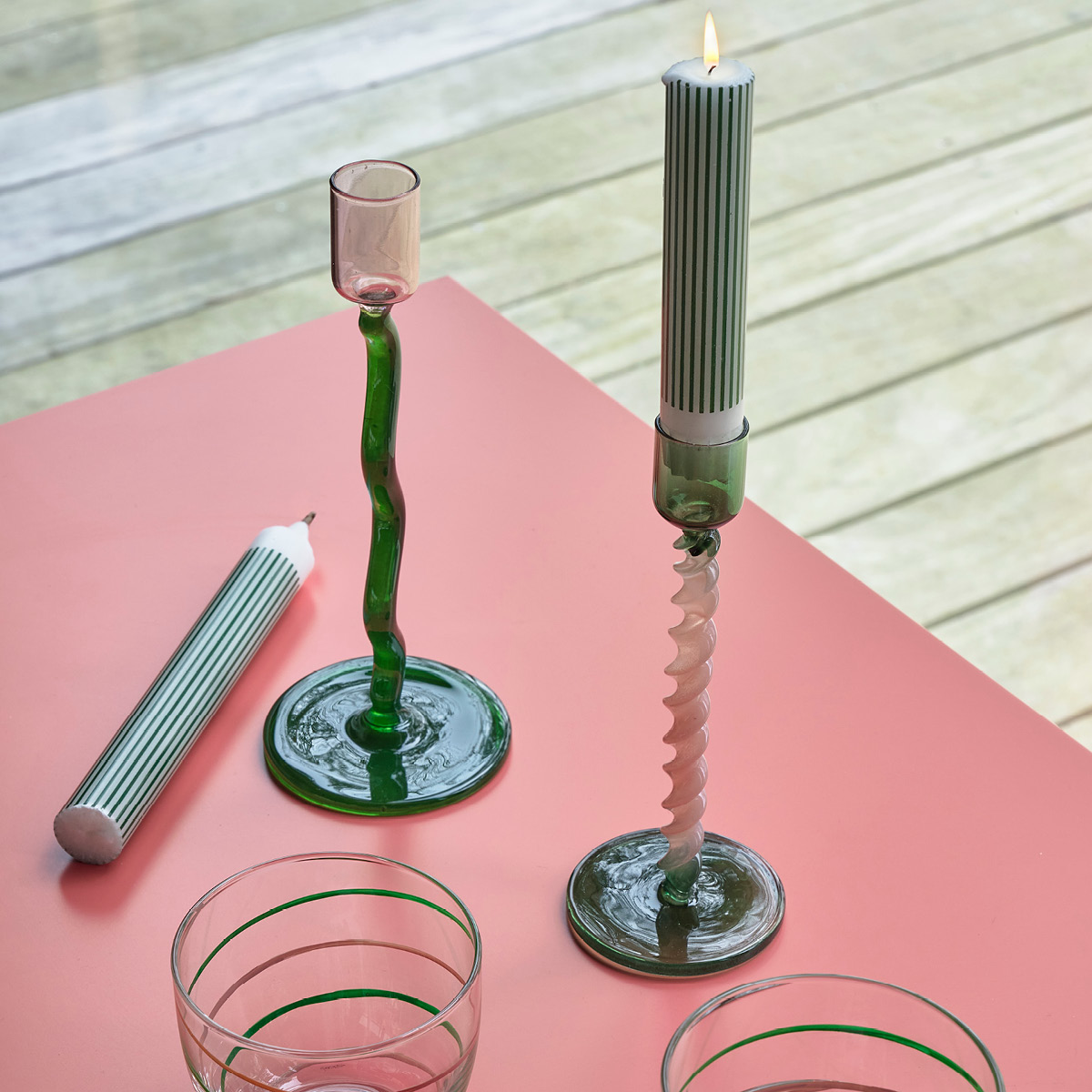 Villa Collection Style Ljusstake Glas 16,3 cm Grön/Rosa