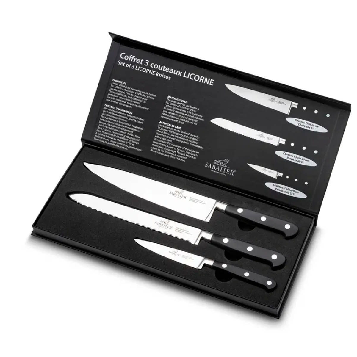 Sabatier Licorne knivset 3 delar stål/svart