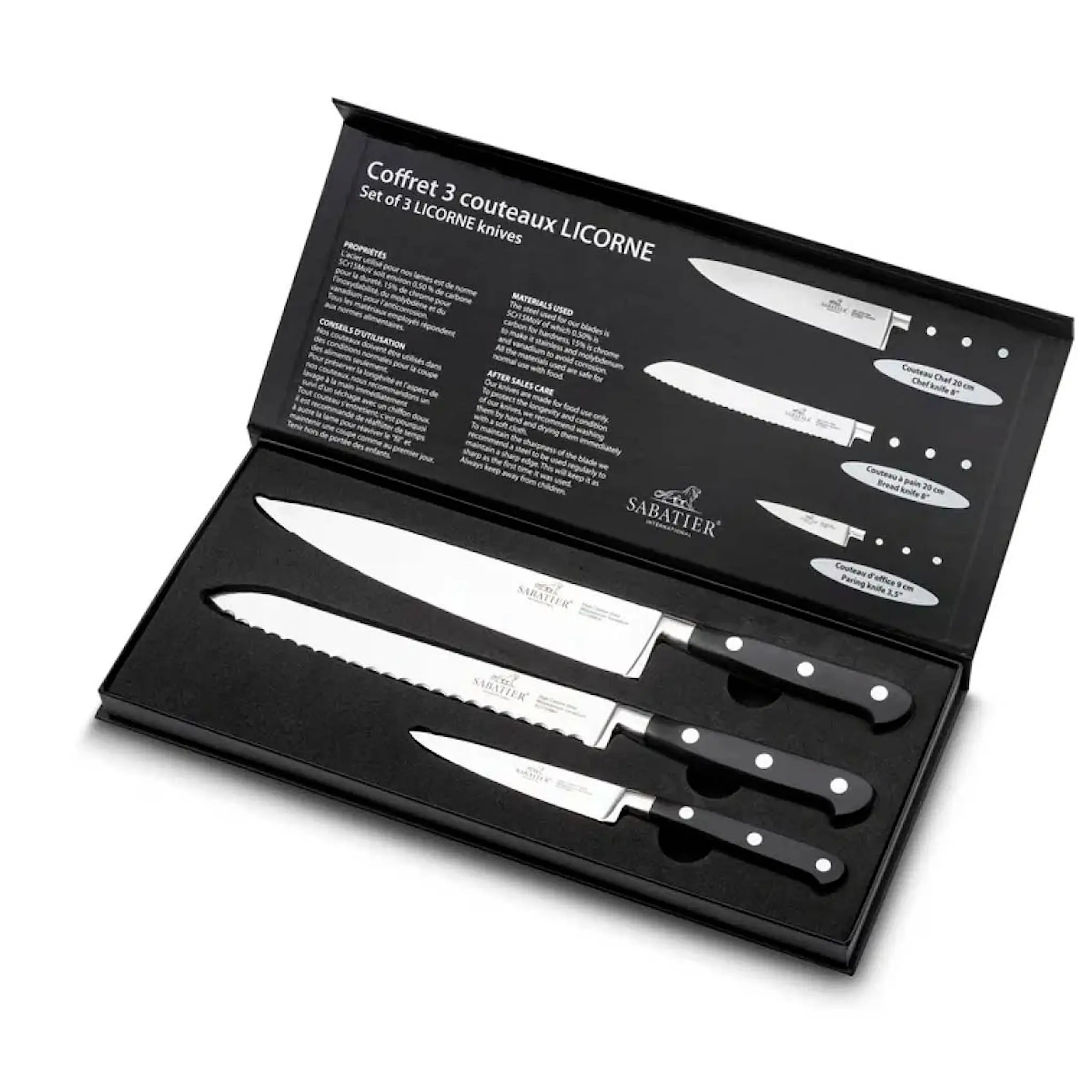 Lion Sabatier Licorne knivset 3 delar stål/svart