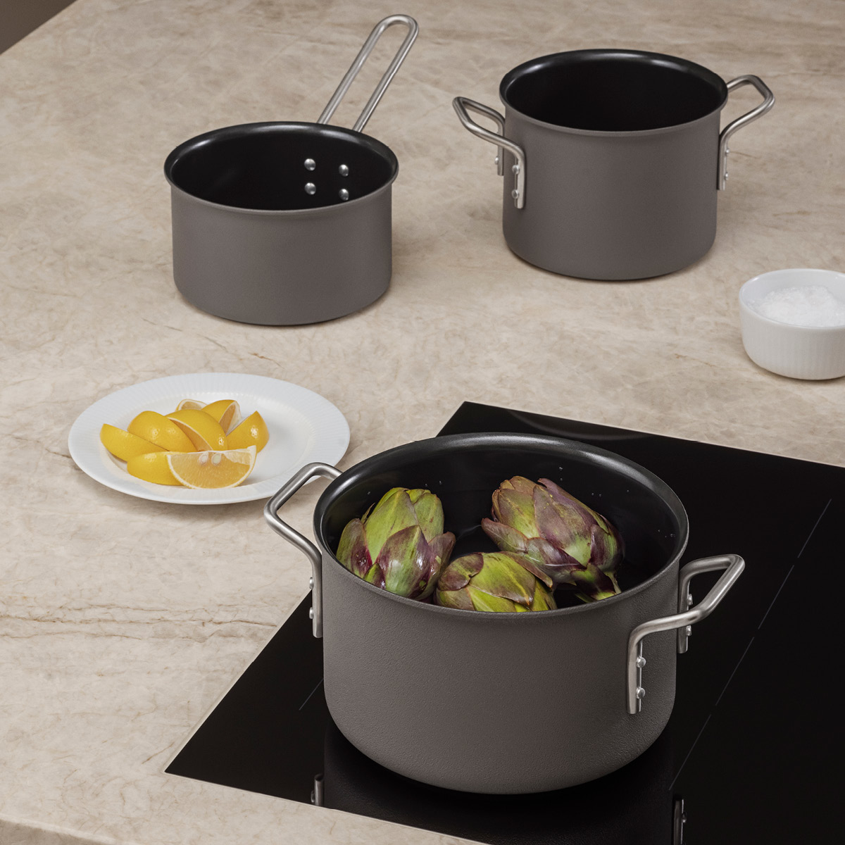 Eva Trio Grey Line grytesett 3 stk 1,8/2,5/3,8L keramisk Slip-Let