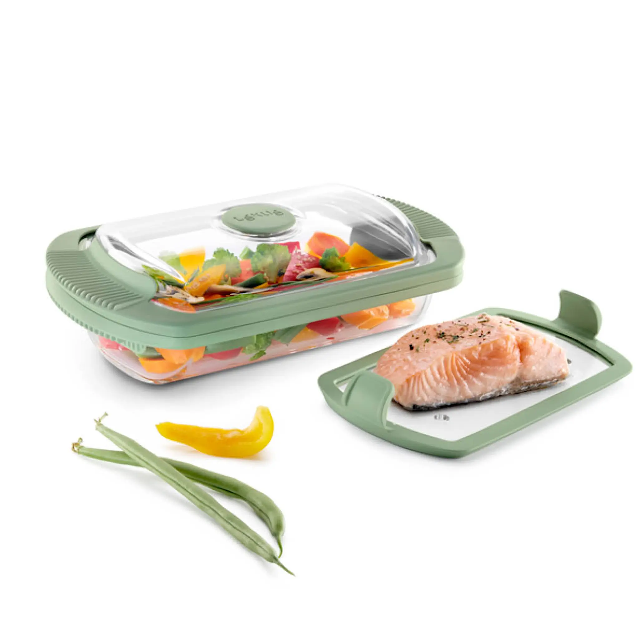 Lékué Ångkokare i glas med bricka och receptbok engelska 2 port. klar