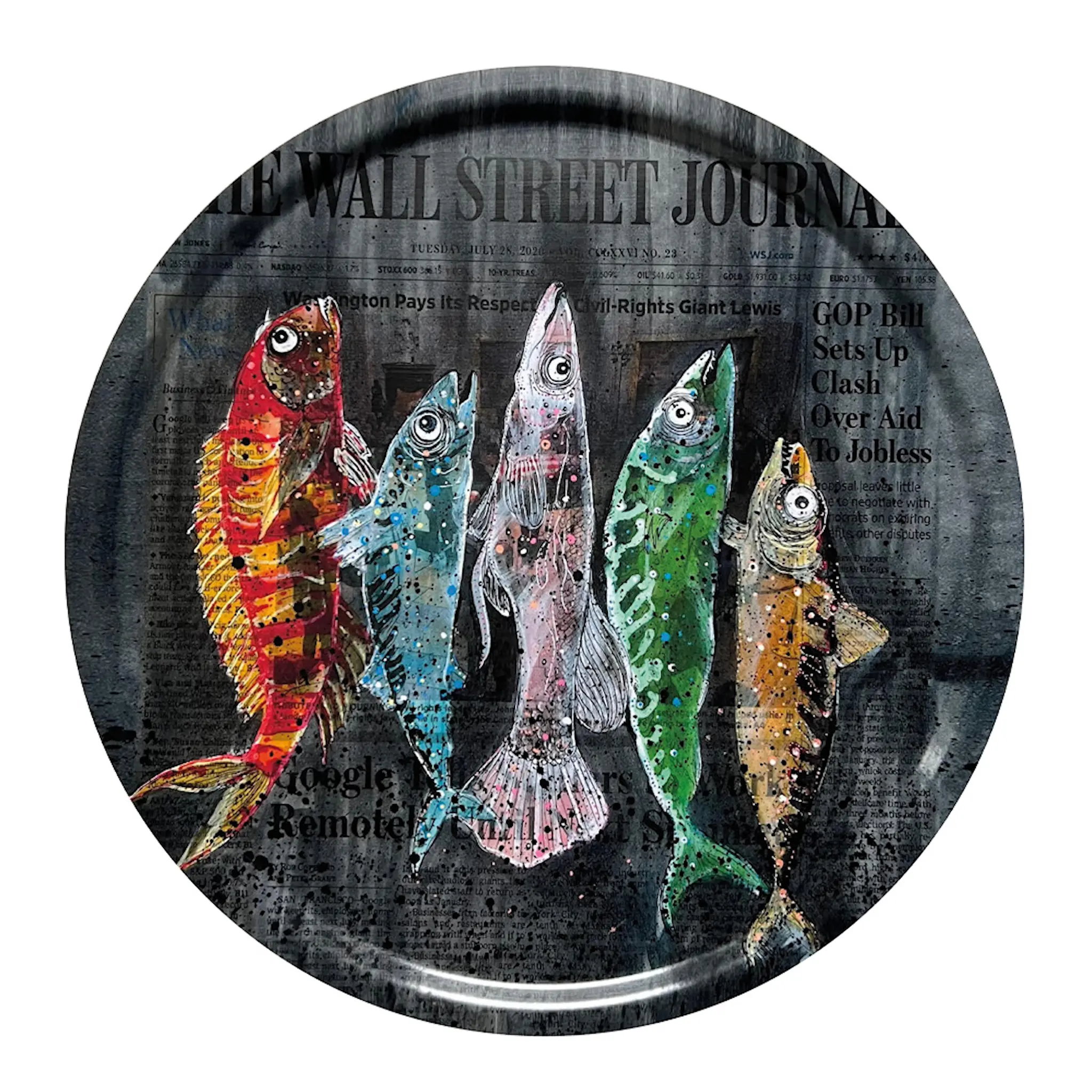 LISA TÖRNER ART Bricka Rund Biggest Fish of Wall street 38 cm Svart