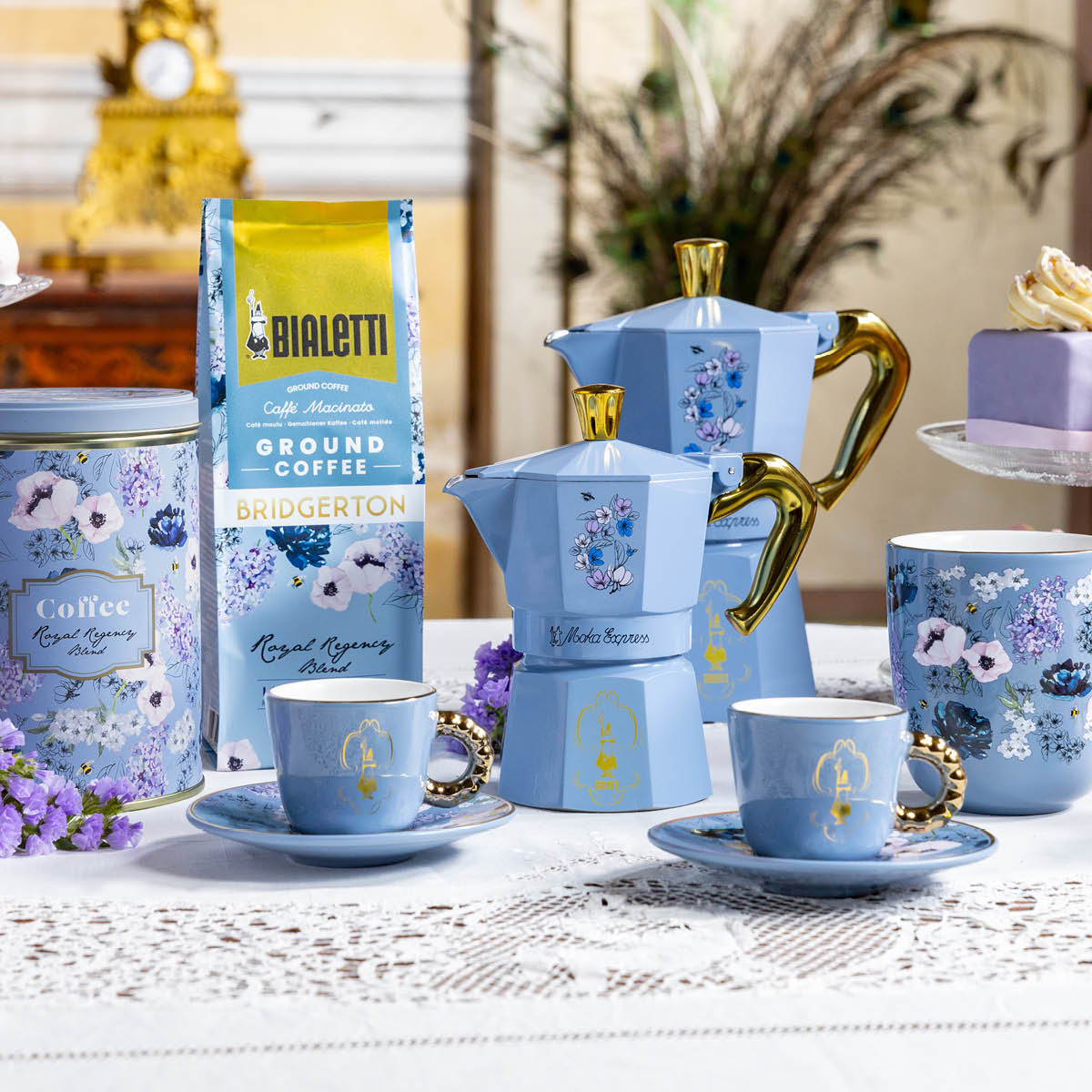 Bialetti Bridgerton Moka Express mokabryggare 3 koppar 13 cl blå/guld