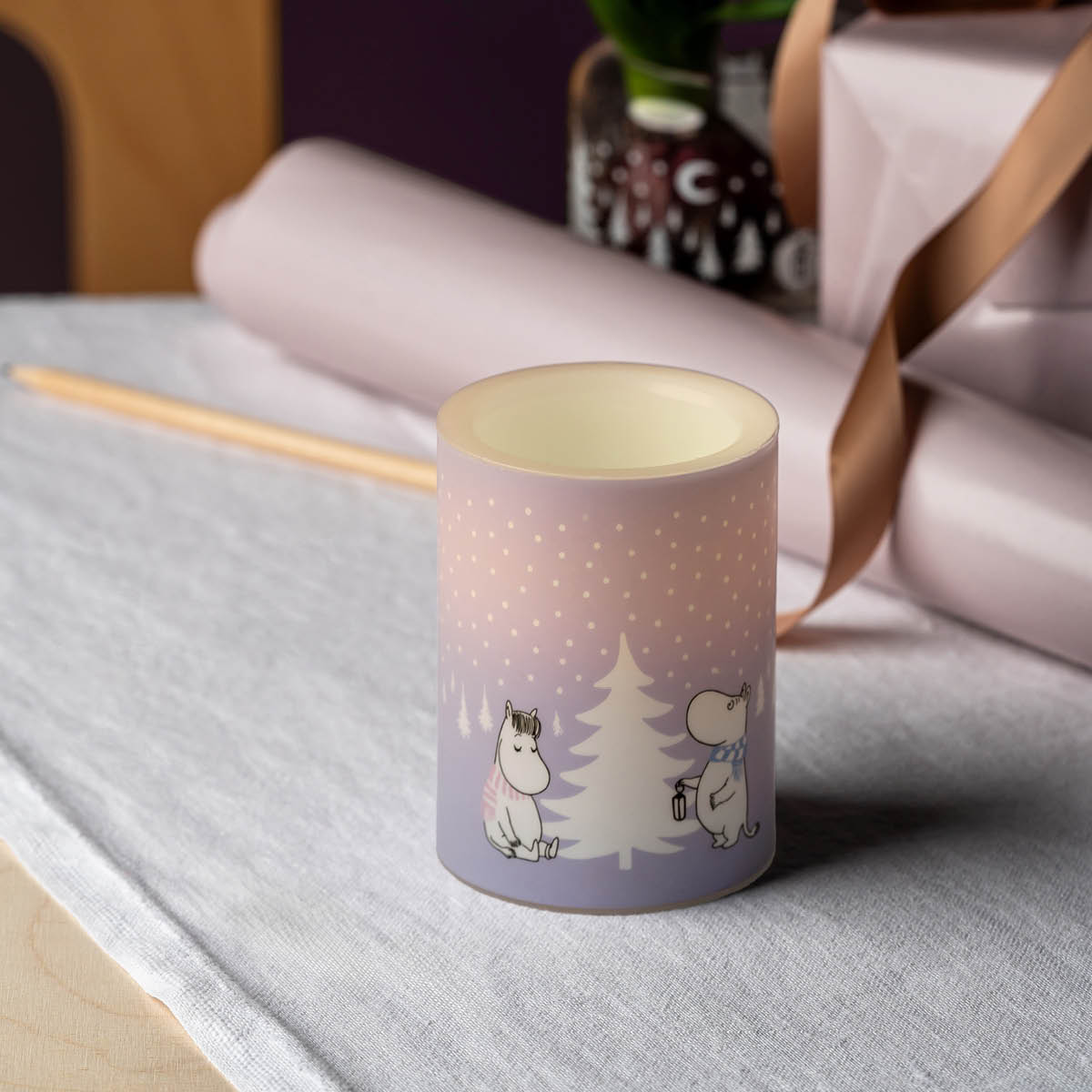 Muurla Mumin LED blockljus 10 cm Snöfall lila