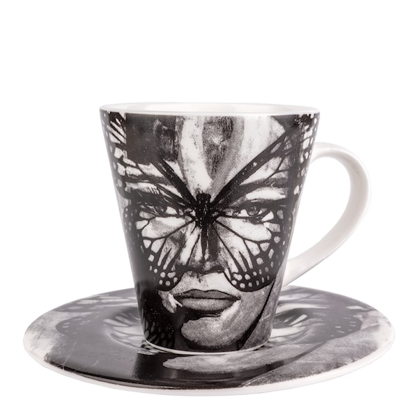 Espressomugg med fat Golden Butterfly 9 cl Svart/Vit