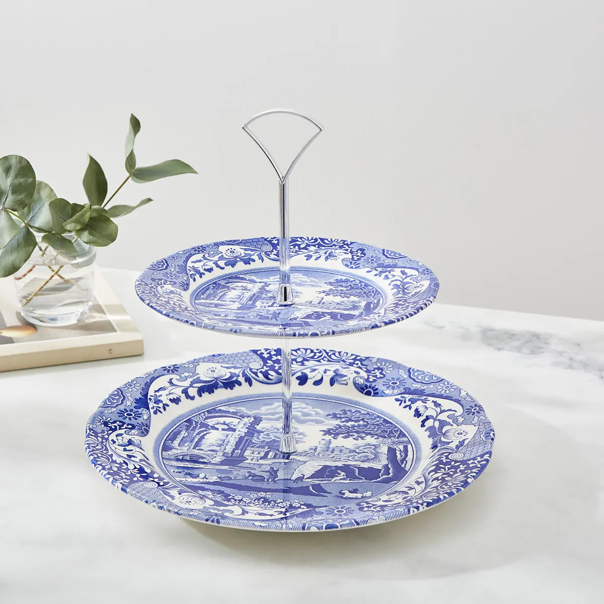 Spode Blue Italian 2-etasjes kakefat 27 cm blå/hvit