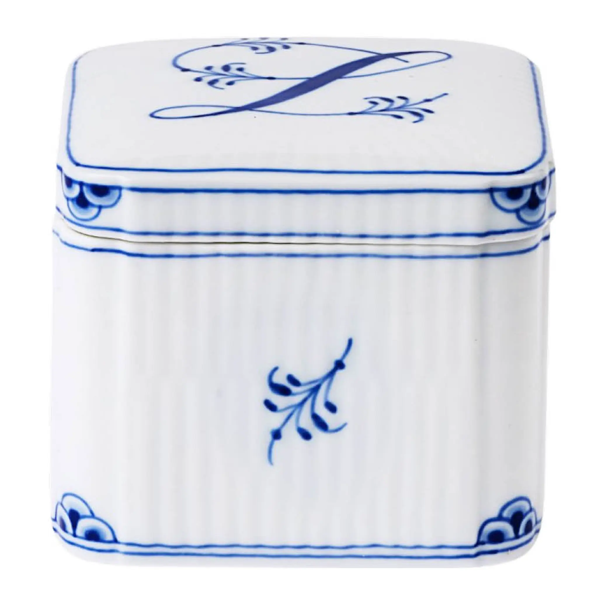 Royal Copenhagen Alphabet Collection firkantet bonbonniere L 13 cl blå/hvit