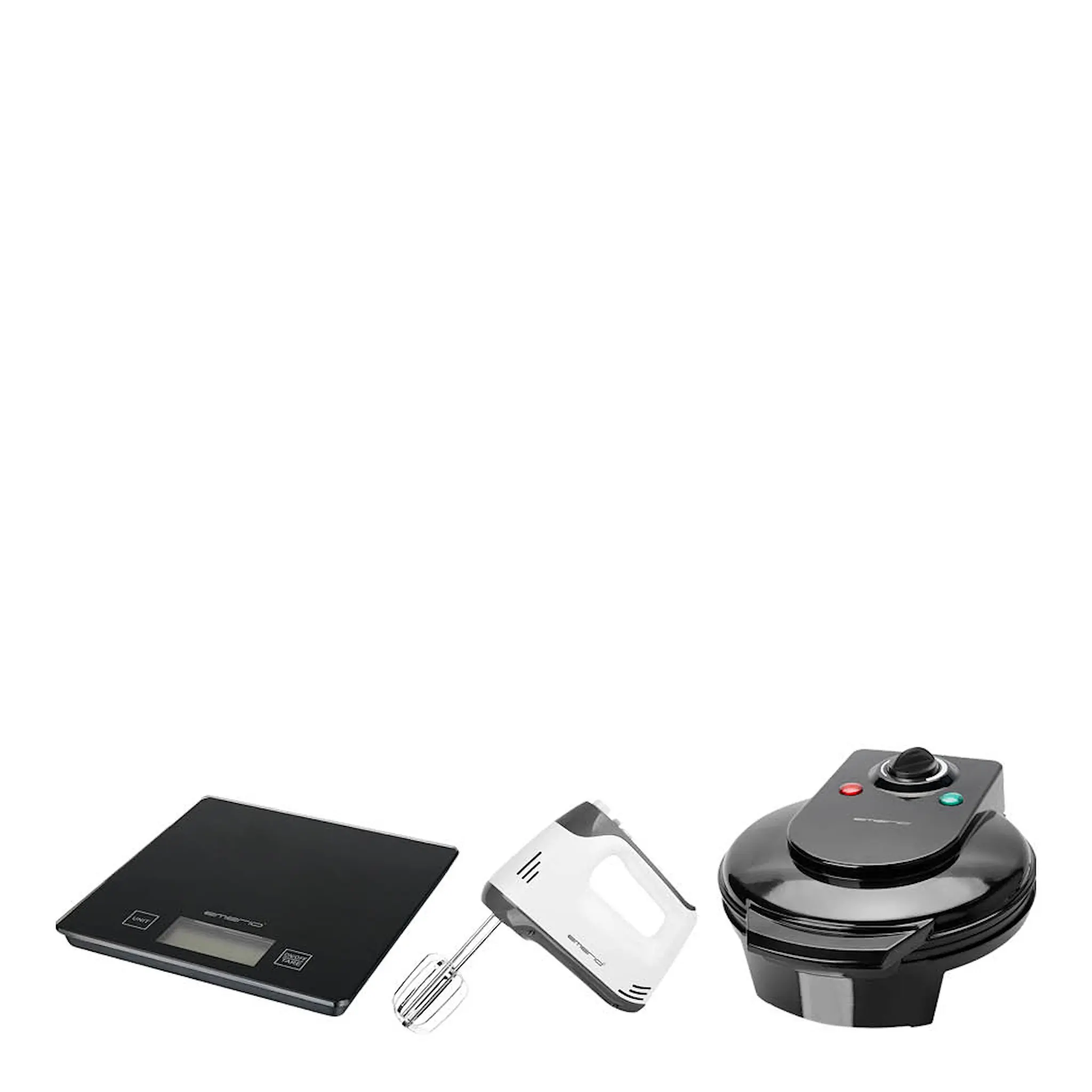 EMERIO Leivontasetti: Vohvelirauta + sähkövatkain + Keittiövaaka