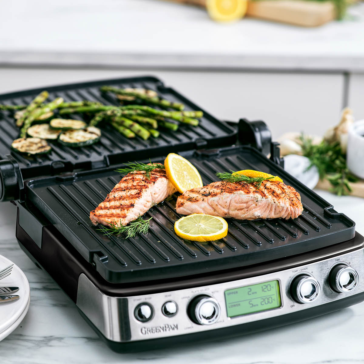 GreenPan Elite kontaktgrill med vaffelplate blank svart