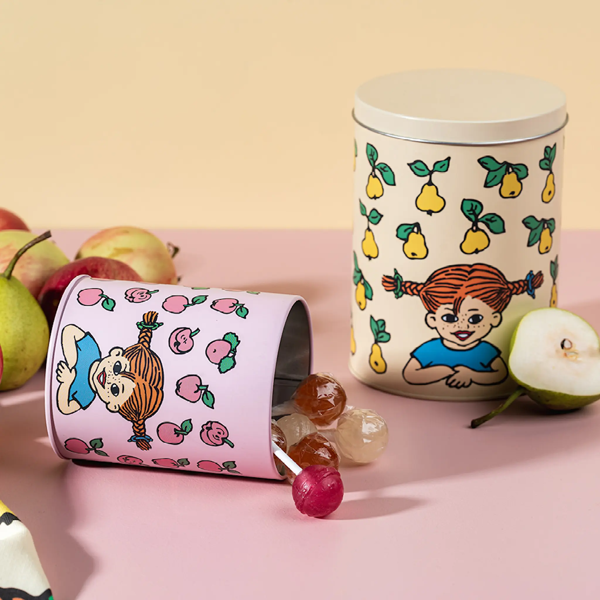 Muurla Pippi plåtburk 2-pack frukter gul/rosa