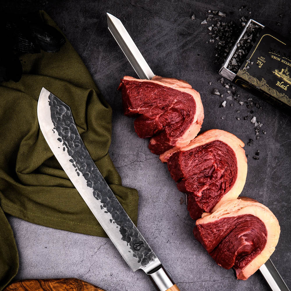 Forged Churrasco grillspett V-form 70 cm stål/olivträ