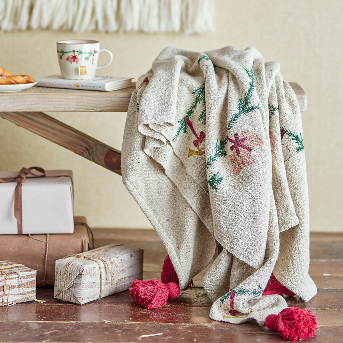Bloomingville Yule pläd 160x130 cm natur/julmotiv