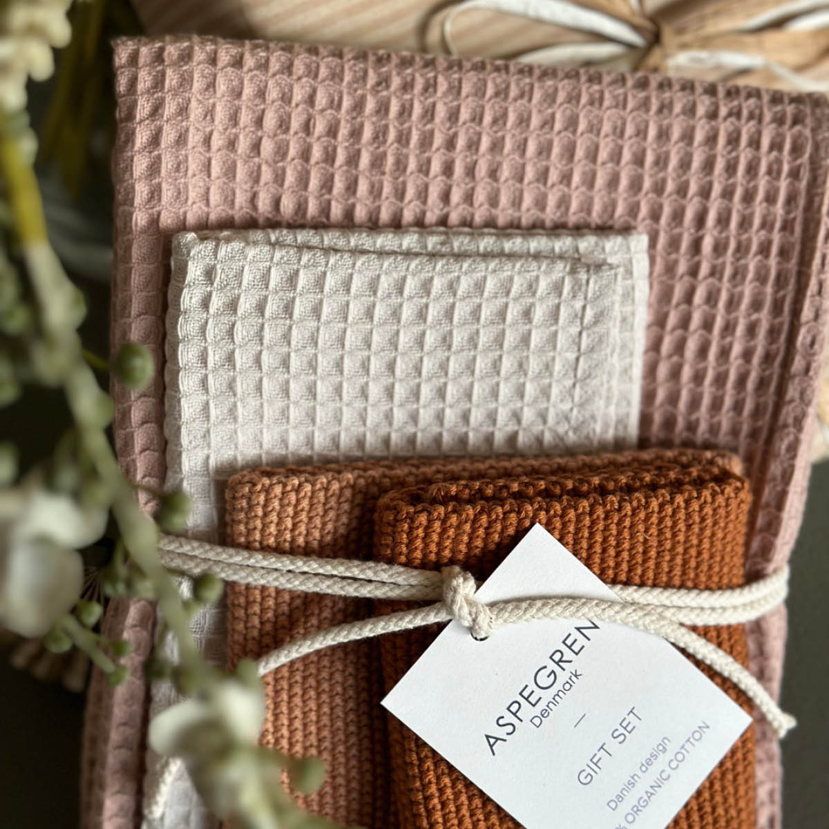 Aspegren Gåvoset 1 kökshandduk & 3 disktrasor sea buckthorn