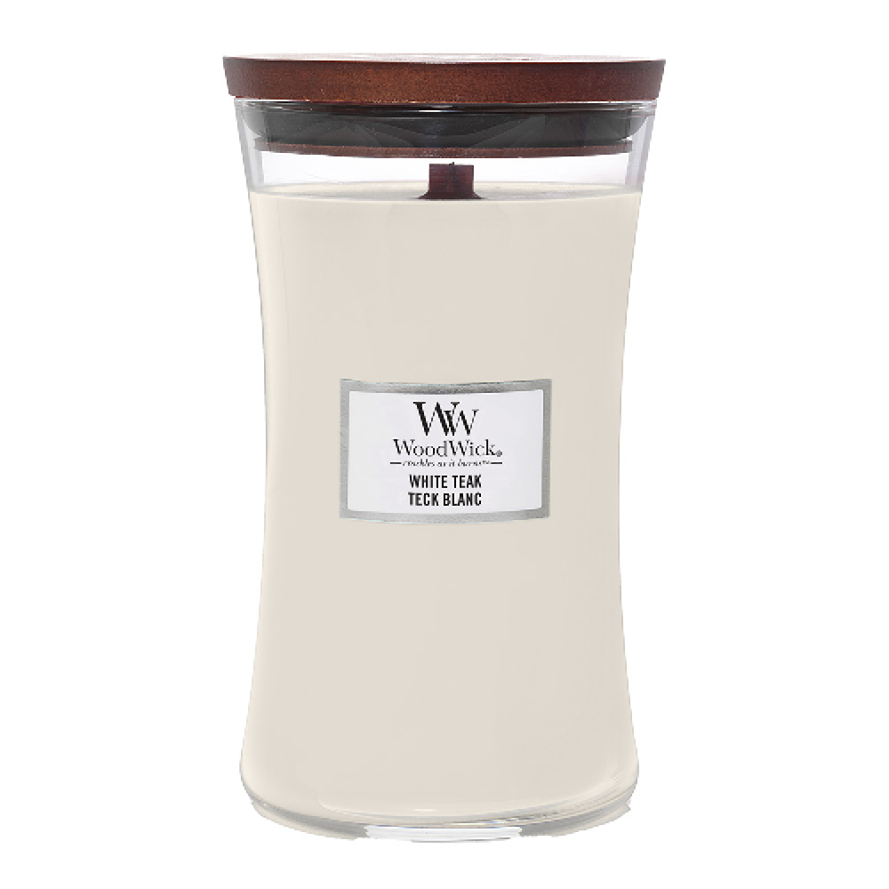 WoodWick Hourglass doftljus stor white teak