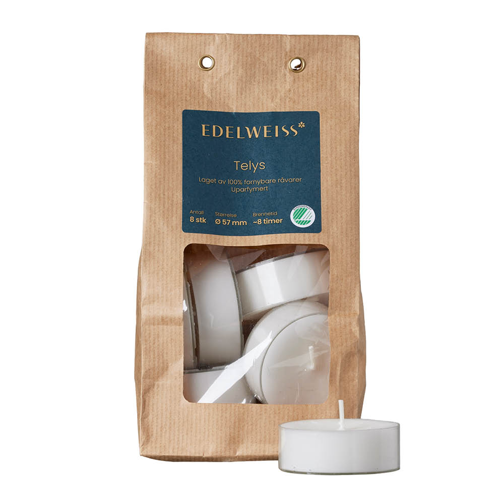 Edelweiss Stora värmeljus i plastkopp 8-pack stearin vit