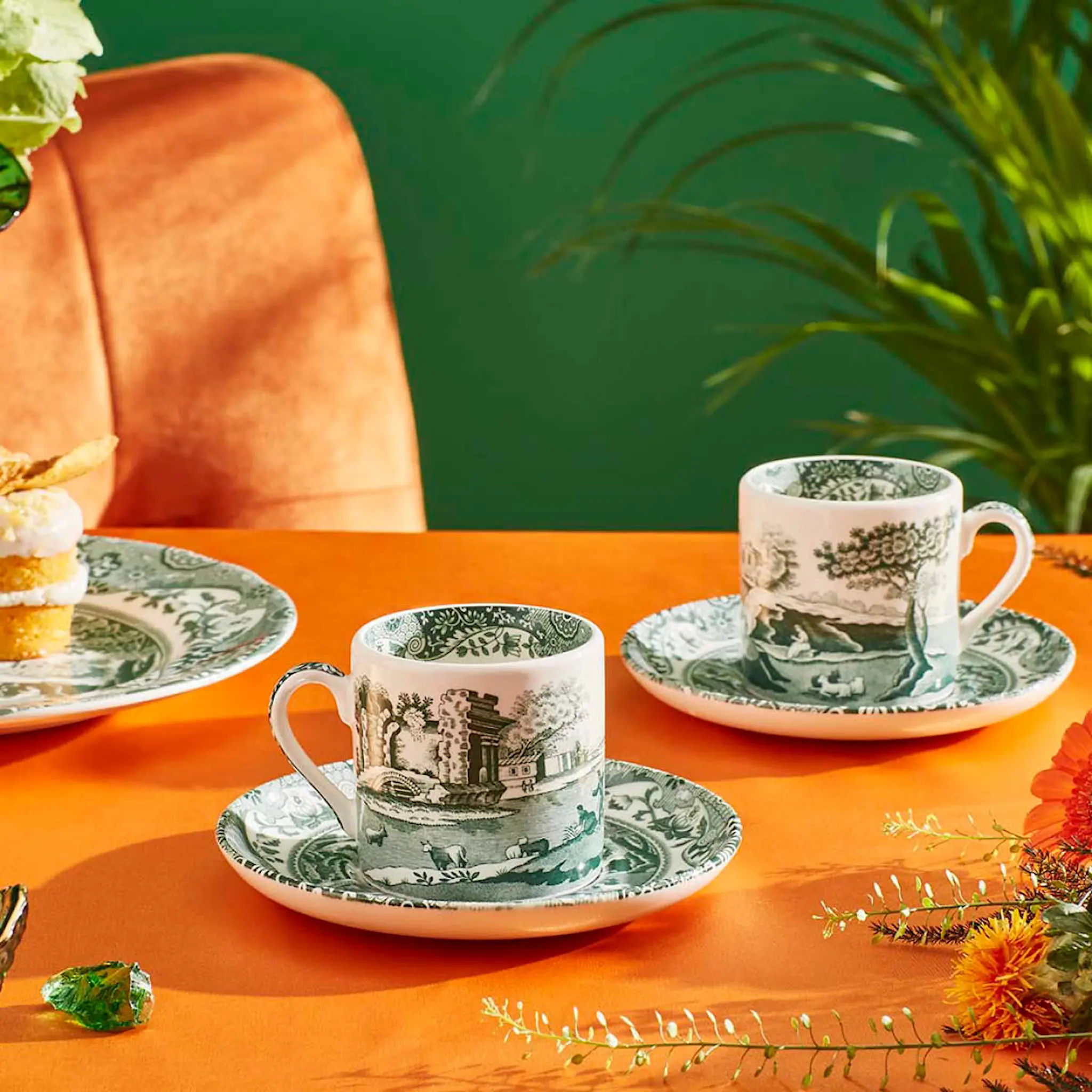 Spode Heritage Green Italian espressokopp med fat 9 cl grön/vit