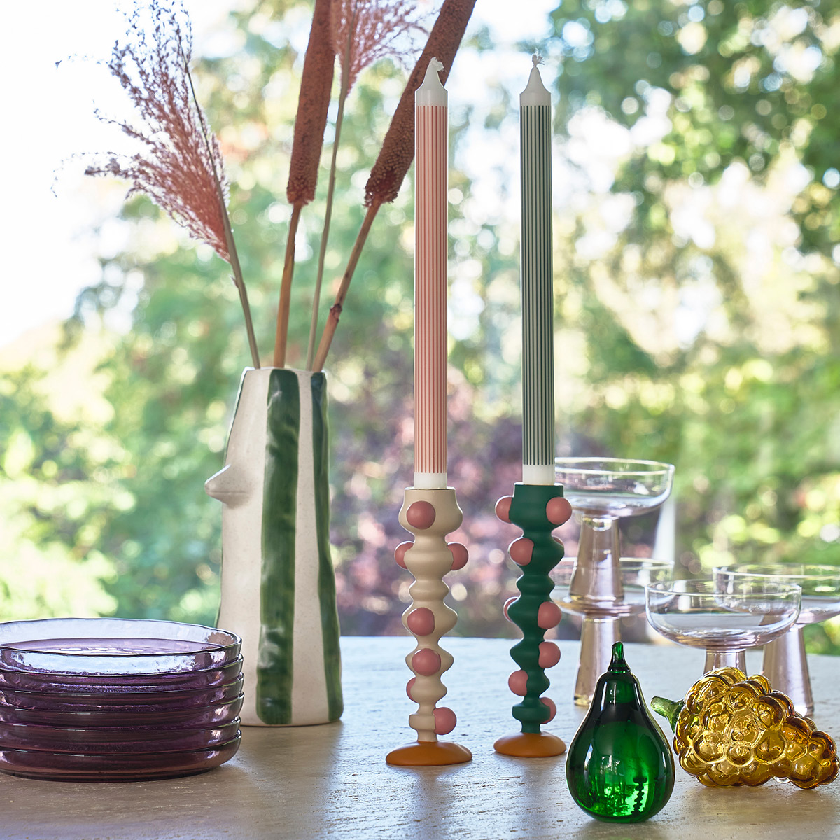 Villa Collection Styles lysestake m/ klumper 18 cm grønn/rosa