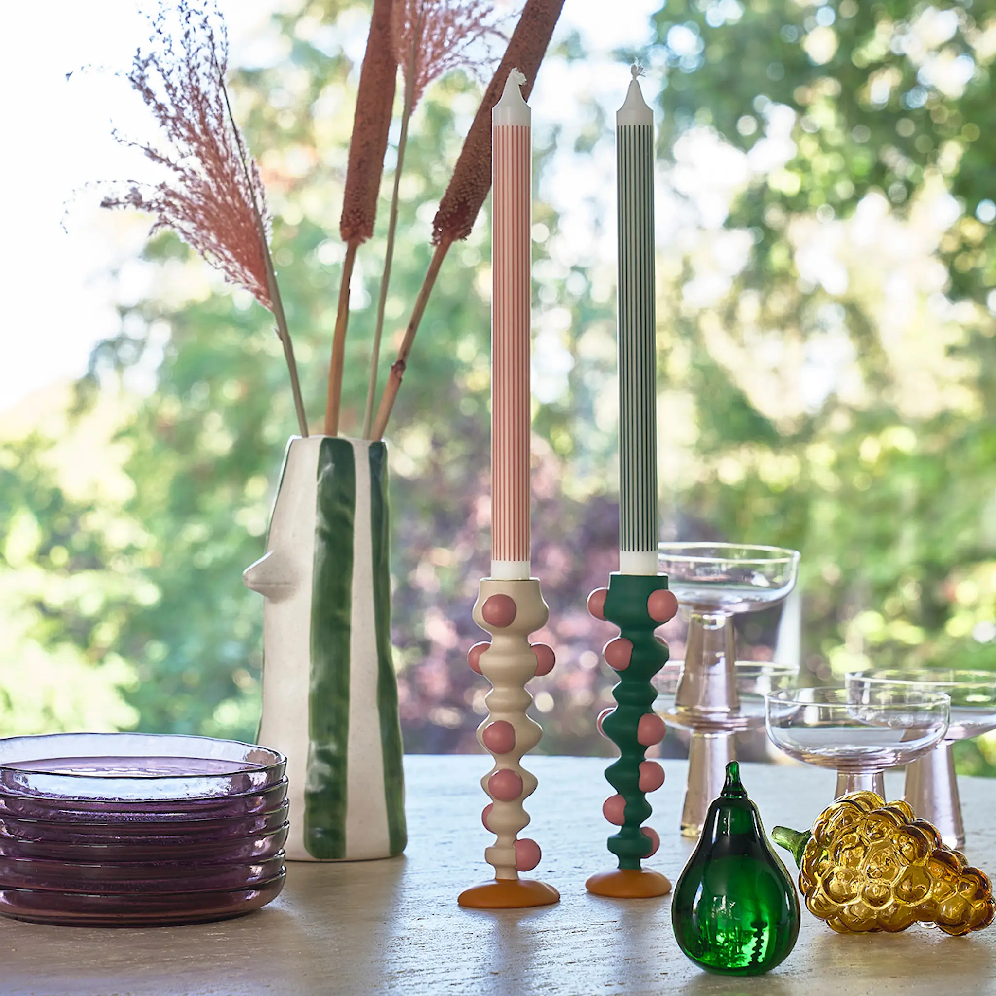 Villa Collection Styles Ljusstake med prickar 18 cm Grön/Rosa Polyresin