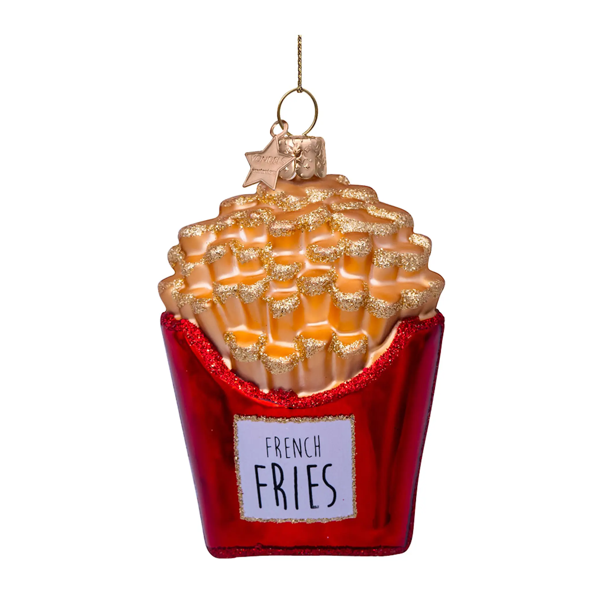 Vondels Wine & Dine julhänge i glas 10 cm Pommes frites gul