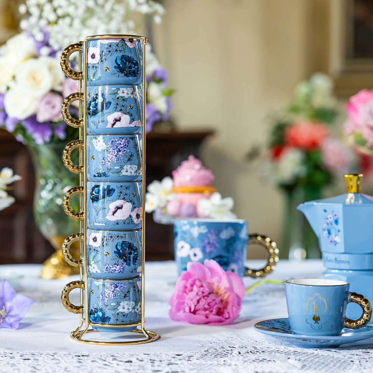 Bialetti Bridgerton espressokopp 6 cl 6-pack med ställ blå/guld