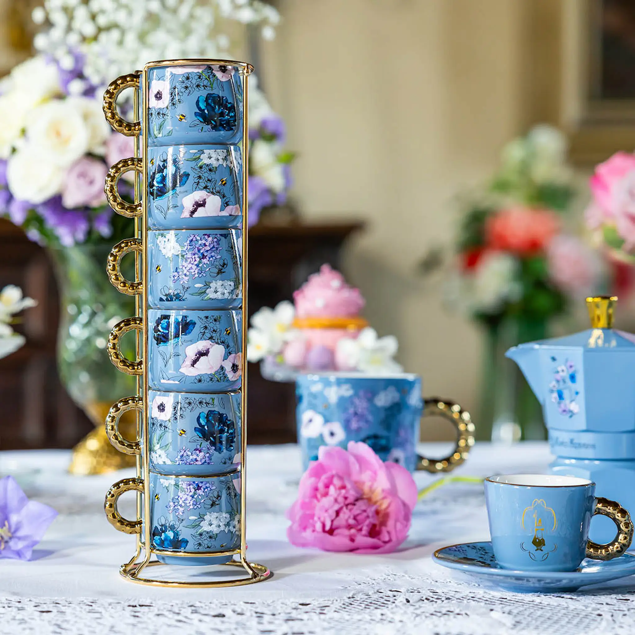 Bialetti Bridgerton espressokopp 6 cl 6 stk med stativ blå/gull