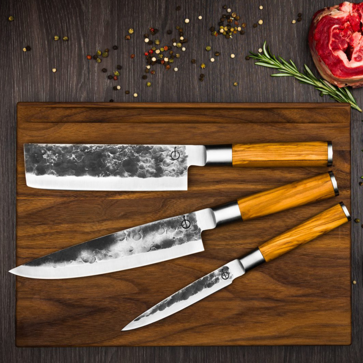 Forged Knivsett 3 deler 35/32/25 cm olive