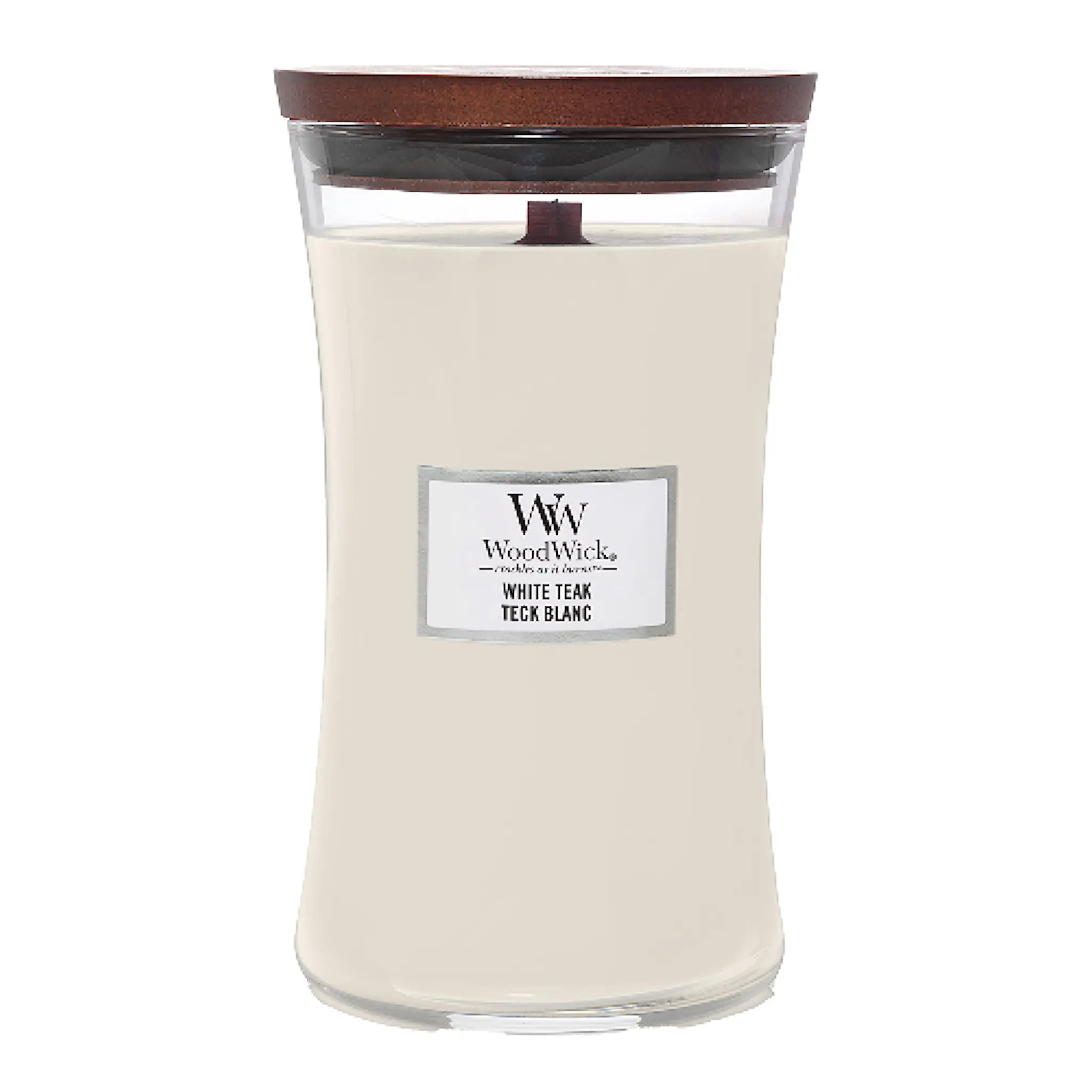 WoodWick Hourglass doftljus stor white teak