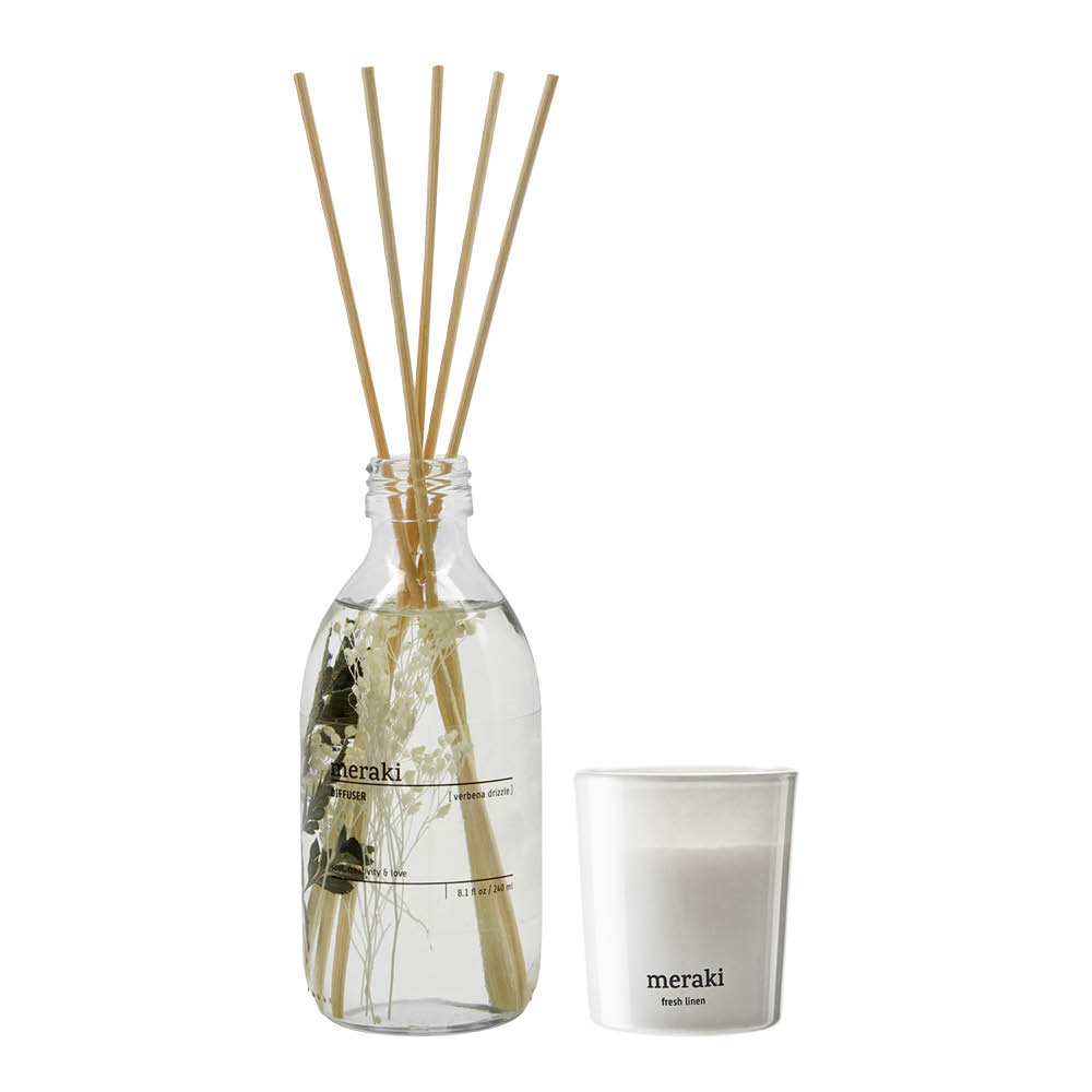 Meraki Presentask Verbena Drizzle doftpinnar och Fresh Linen doftljus